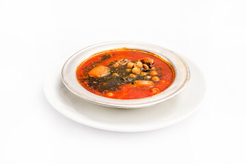 Traditional Turkish cuisine soup analı kızlı soup includes meatballs, tomato, mince stuffed...