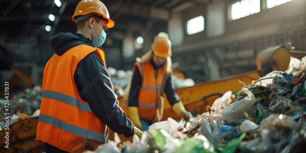 Poster two workers in orange vests and helmets sorting garbage. suitable for environmental and waste manage