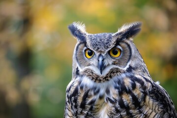 Captured in its natural habitat, a fierce screech owl gazes directly into the camera with piercing eyes, showcasing the majesty and wild beauty of this magnificent bird