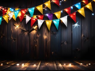 a wooden floor with a string of lights and bunting flags