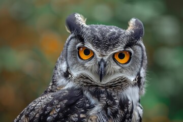 Obraz premium A fierce screech owl, with piercing yellow eyes and a sharp beak, perches on a branch in the wild, its majestic presence captivating all who gaze upon it