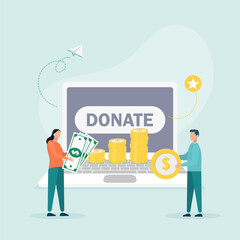 A guy and a girl donate money on a website. Internet charity, financial support concept. Flat style. Vector illustration
