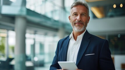 Fototapeta premium A professional man dressed in a suit holding a tablet computer. Suitable for business and technology concepts