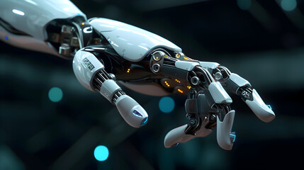 Develop a futuristic 3D render showcasing a sleek robotic digital hand against a dark background, symbolizing advanced technology.