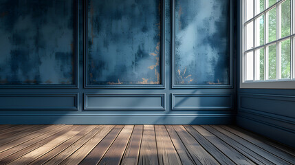 flat blue Wall, indoor, old beautiful wooden floor, photo realistic