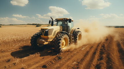 Heavy-duty Tractor kicking up a cloud of dust while working on the harvest in a golden wheat field under a clear sky - obrazy, fototapety, plakaty