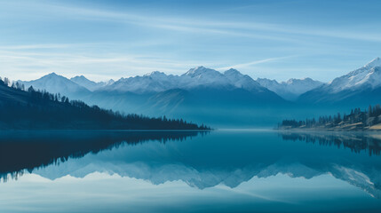 Serene Lake reflecting the Majestic Snow-Capped Mountains and Clear Blue Sky, creating a Mirror Image in the still water