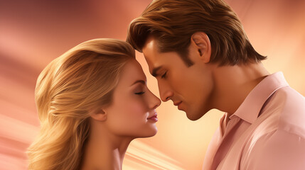 Close-Up of a Romantic, Animated Couple in soft hues about to share a Kiss, capturing an intimate and tender moment