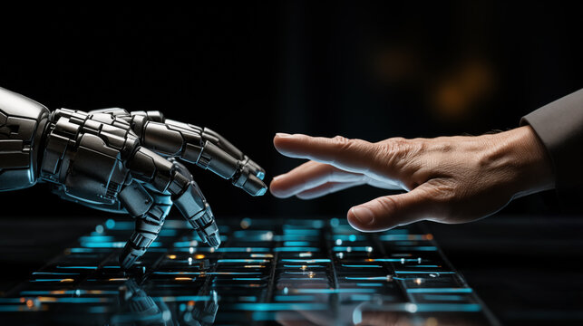 Futuristic Interaction between a Human Hand and a Robotic Hand above a Glowing Keyboard, symbolizing AI and human collaboration