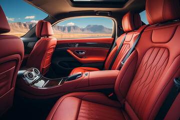 Modern car interior. Leather red seats. Interior of a modern car.