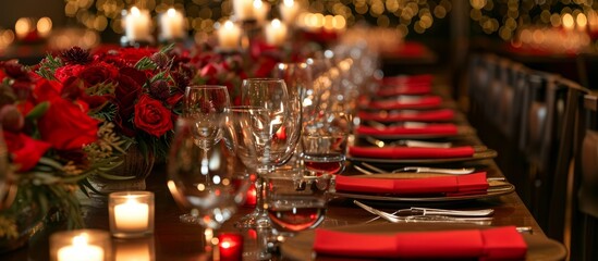 Fototapeta na wymiar A large banquet table is set with red napkins, cutlery, wine glasses, and candles.