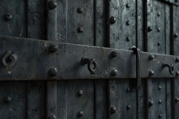 A detailed close-up shot of a metal door with visible rivets. This image can be used to depict security, industrial design, or architectural elements