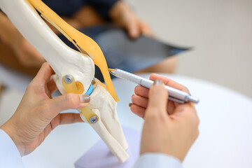 An orthopedic surgeon demonstrates a knee bone model and explains the treatment of cruciate...