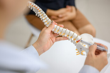 Picture of a close-up of an orthopedic doctor pointing at a spinal model and explaining to a female patient her spinal problems. Health care concept and aging and back pain - obrazy, fototapety, plakaty