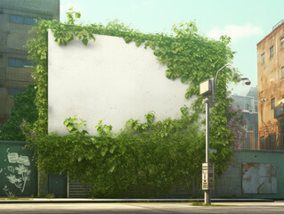 Blank White Billboard Covered with Vines in the City - Generative AI