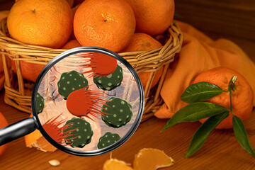 Magnifying lens with simulated allergen, citrus allergy concept. Fresh Mandarin orange fruits,...