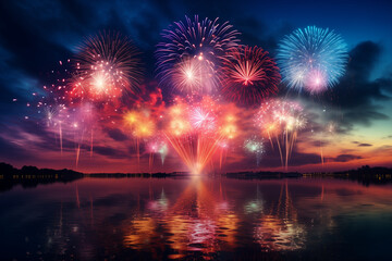colorful fireworks over the lake in the evening sky, beautiful sky full of fireworks background wallpaper, celebration concept