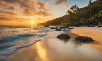 Fototapeta na wymiar Beautiful tropical sunset scenery White sand, sea view with horizon, colorful twilight sky, calmness and relaxation.