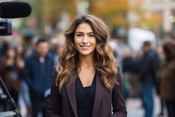 Fototapeta premium Young beautiful woman with curly hair, wearing a brown jacket, standing in the street.