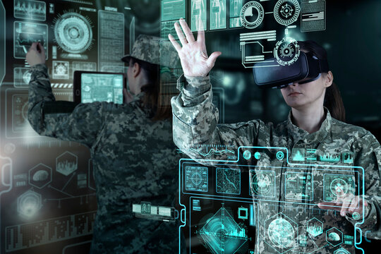 Military Think Tank, AI technology in the army. Warfare analytic operator checking coordination of the military team. Military commander with a digital device with vr glasses operating troops