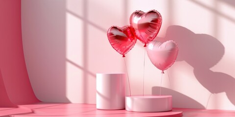 Heart shaped balloons sitting on top of a table. Perfect for Valentine's Day decorations or romantic events