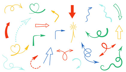Arrows Doodle Set, Sketch Line Pointers, Arrows Doodle Icons Set, Collection Web Decorative Elements, Icon, Outline, Sketch, Scribble, Hand Drawn, Color, Yellow, Green, Blue, Red