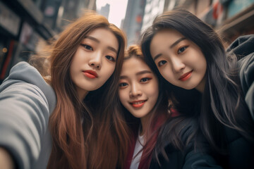 Obraz premium Group of asian friends taking selfie. Portrait of young asian women.