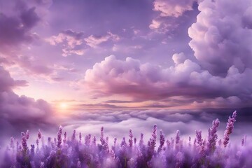 Fluffy lavender clouds tinged with hints of silver, creating a dreamlike atmosphere in the twilight sky.
