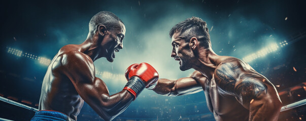 Fototapeta na wymiar Two emotional strong man boxers in dynamic action in boxing ring