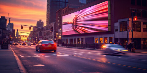 Fototapeta na wymiar City Street View with Illuminated Billboard - Generative AI