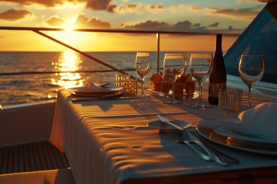 A picture of a beautifully set table on a boat with a stunning sunset in the background. Perfect for showcasing a romantic dinner or a luxurious dining experience on the water
