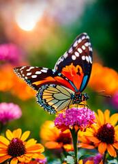Obraz premium a butterfly collects pollen on flowers. Selective focus.