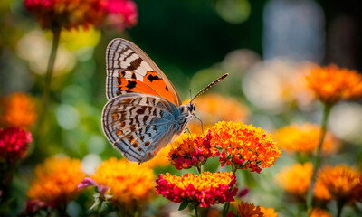 a butterfly collects pollen on flowers. Selective focus. - obrazy, fototapety, plakaty