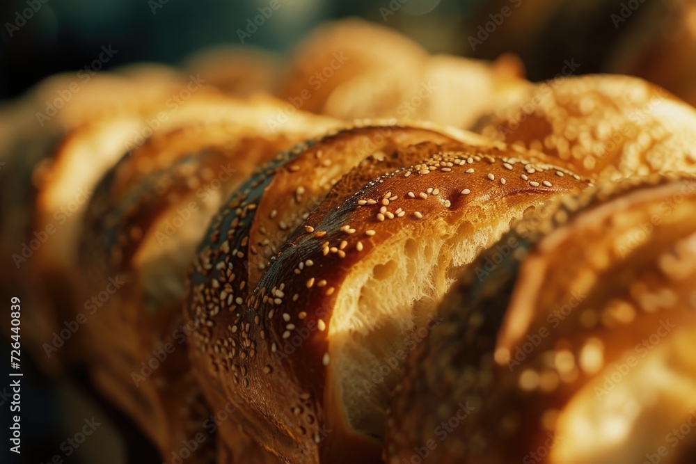 Poster a close-up view of a loaf of bread with sesame seeds. perfect for food and cooking related projects