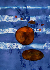 Abstract orange fruit on blue and white striped background. Covered in spaches.