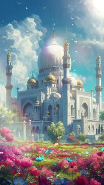 Beautiful mosque building with clear sky and grassland. Cartoon or anime watercolor digital painting illustration style. Seamless looping vertical video animation background. Generative AI