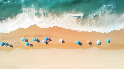 Obraz premium Sandy beach with light blue transparent water waves and sunlight, tranquil aerial beach scene