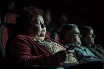 Fototapeta premium Elderly fat woman using phone in theater or cinema auditorium, holding smartphone in hand for internet, disturbing other spectators