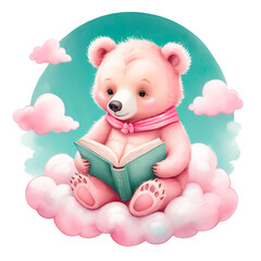 cute teddy bear on a clounds pastel colors with a blanket reading a book 