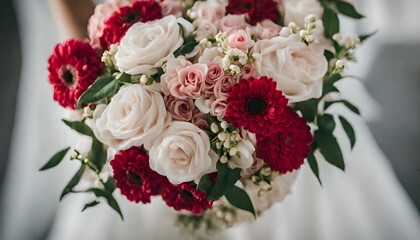 Lush Floral Symphony: Close-Up Bridal Bouquet in White, Pink, and Red
