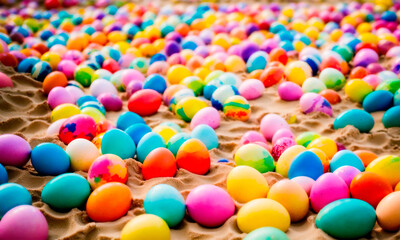 Fototapeta na wymiar Easter eggs on the beach. Selective focus.