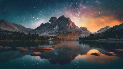 Foto op Aluminium Starry Night Over Tranquil Mountain Lake - Generative AI © Zeynep