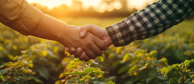 Farmers collaborating for sustainable support through farming, agriculture, and a handshake symbolizing trust, teamwork, and growth in a b2b deal, partnership, or agreement on an agro farm.