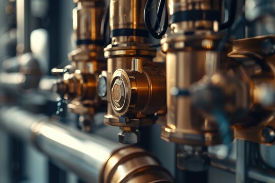 A close up view of a bunch of valves on a wall. This image can be used to illustrate plumbing, construction, or industrial concepts