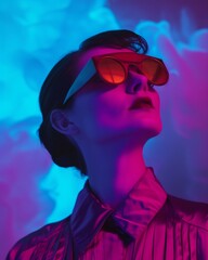 Portrait of woman with sunglasses in Synthwave colors