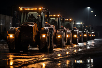 tractor working on road construction site at night, heavy duty machinery working on road...