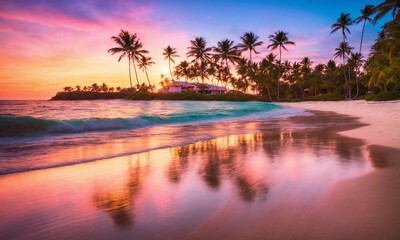 Sunset on the beach. Paradise beach. Tropical paradise, white sand, beach,