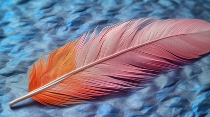 A Pink and Orange Feather on a Textured Blue Surface - Generative AI