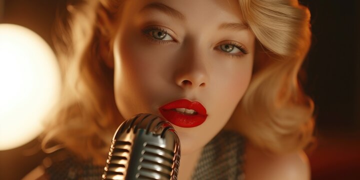 A woman with a red lipstick holding a microphone. Can be used for music events, concerts, or public speaking engagements