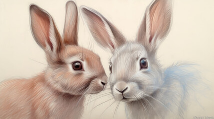 Colored Pencil Drawing of Two Cute Rabbits - Generative AI